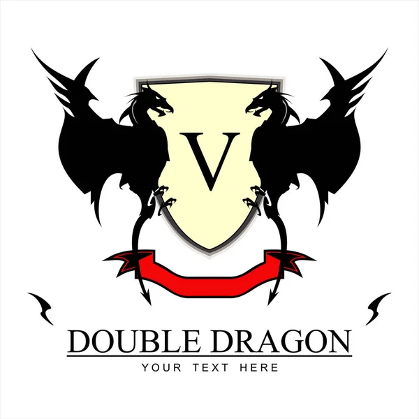 2 dragones, escudo y cinta Twin Black Dragons . — Vector de stock