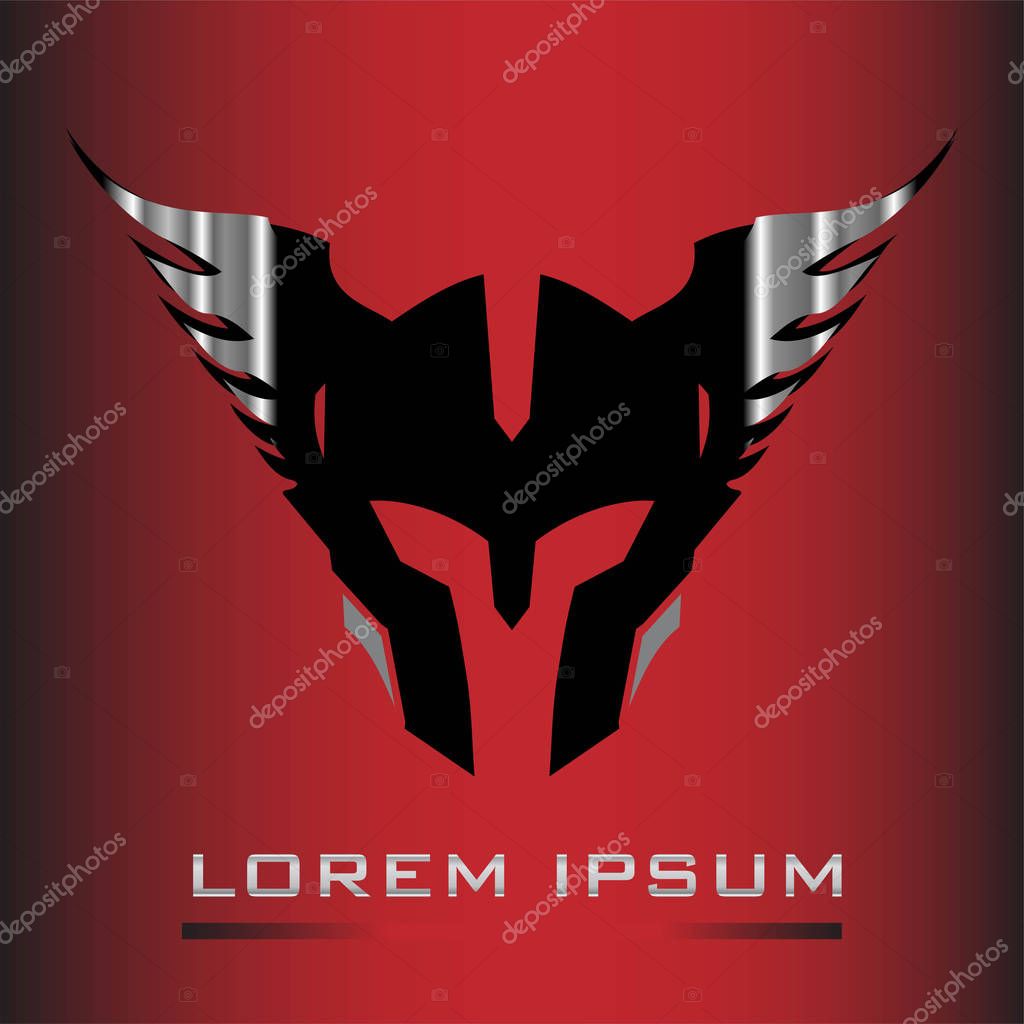 Steel Winged head Warrior Mascot over the black background. Black Warrior helmet. ancient warrior head. Suitable for team identity, game character, game icon, insignia, emblem, symbol, mascot, motorcycle/biker community, etc