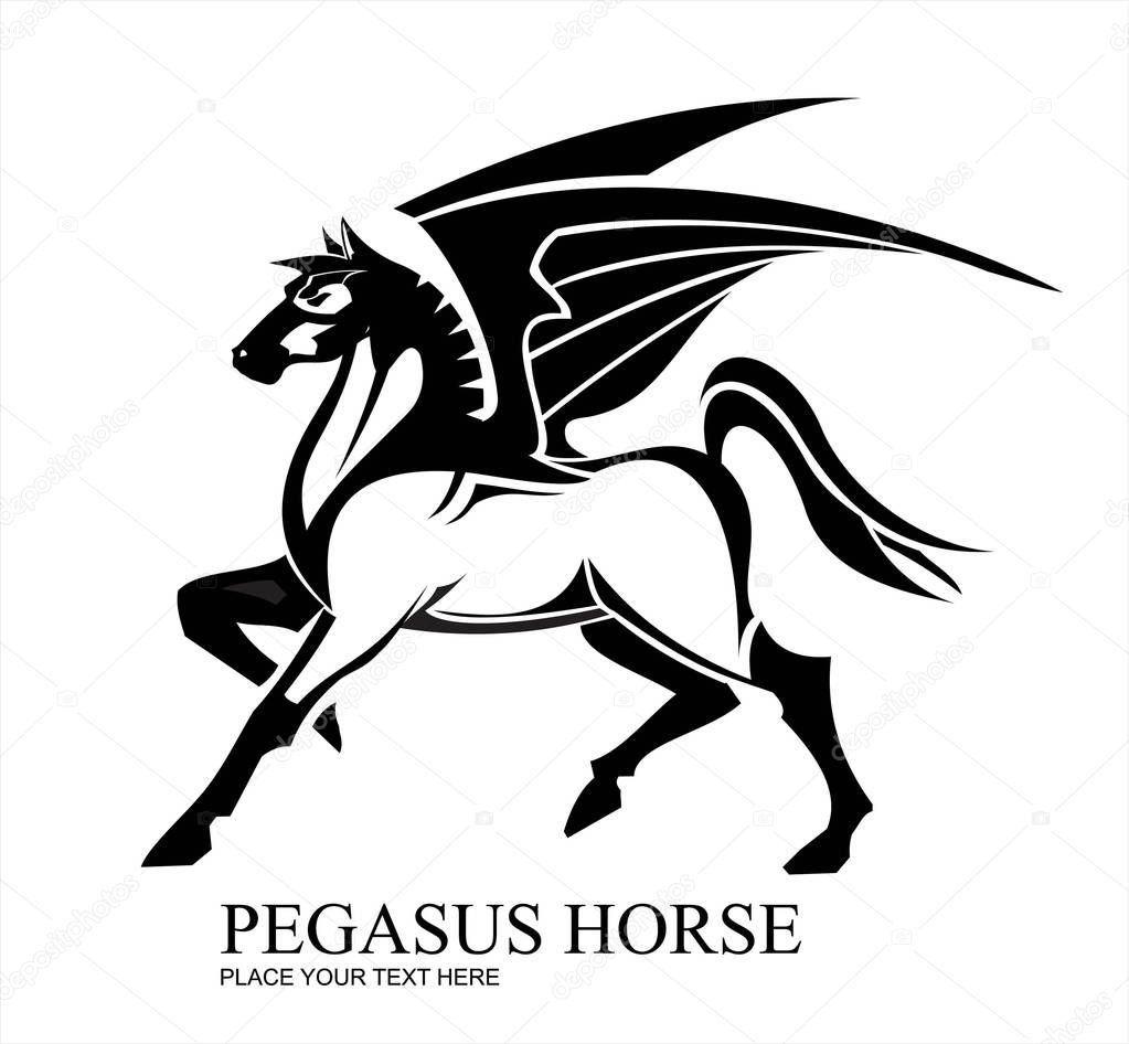 Pegasus Horse in black and white.Pegasus horse isolated on white background for heraldry logo design.
