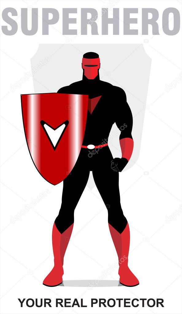 Superhero. superhero holding a shield, standing superhero with the shield. masked superhero, the real protector. man with the mask. full body of superhero combine with shield and text