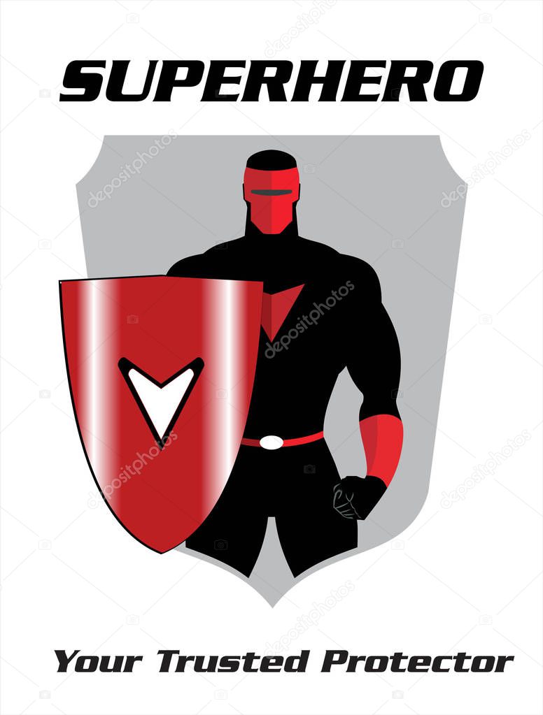 Superhero. superhero holding a shield, standing superhero with the shield. masked superhero, the real protector. man with the mask. half body of superhero combine with shield and text.