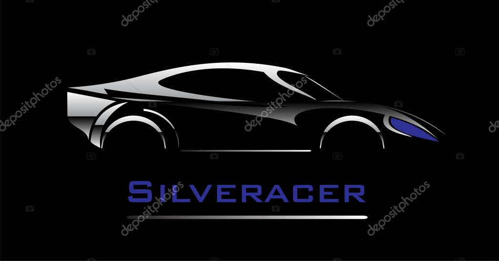 Silver car icon. car. Elegant car illustration. Glowing silver car illustration over the black background combine with dark blue color text.