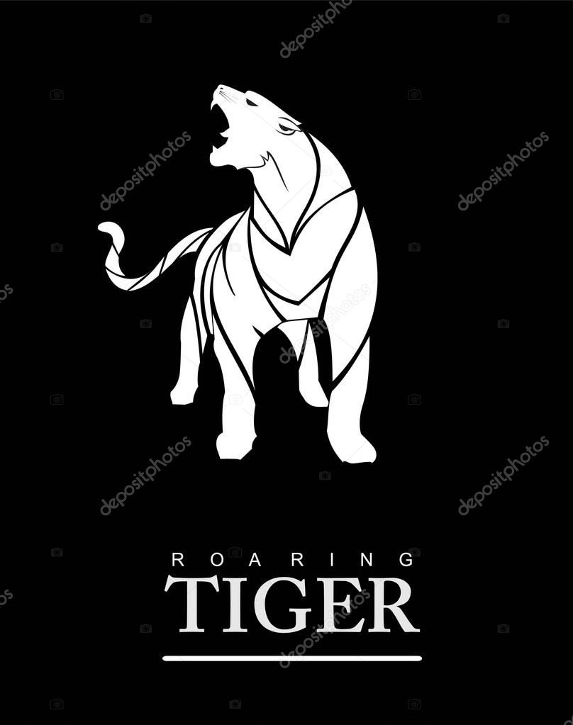 Fearless white Tiger. Roaring Predator. Roaring Tiger. Elegant Tiger icon, Roaring fang face combine with text. puma. cougar. brave strong roaring puma. brave strong roaring, cougar.predator. Mascot.