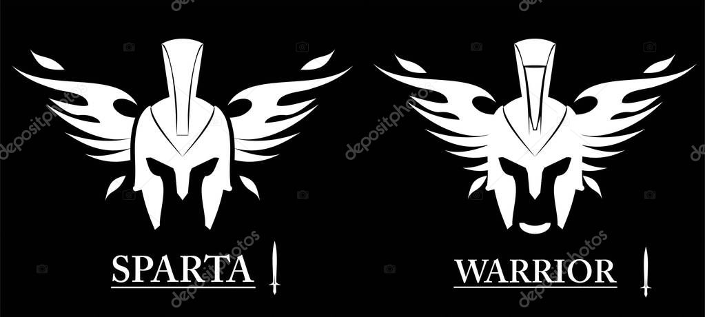 Front view of winged warrior head combine with text and sword icon. sparta helmet isolated on black background. Suitable for team identity, mascot, community icon, product identity, etc.