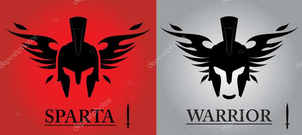 Front view of winged warrior head combine with text and sword icon. isolated sparta helmet. Suitable for team identity, mascot, community icon, product identity, etc.