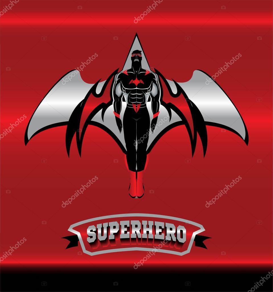 Masked superhero with the red wings over the silver icon, on the red glowing metallic background.
