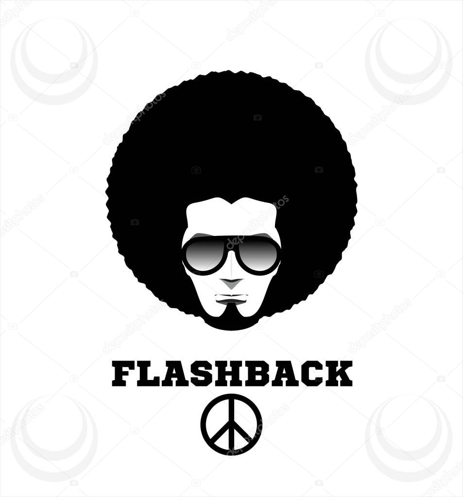 Retro man in 1970s hairstyle in black and white.