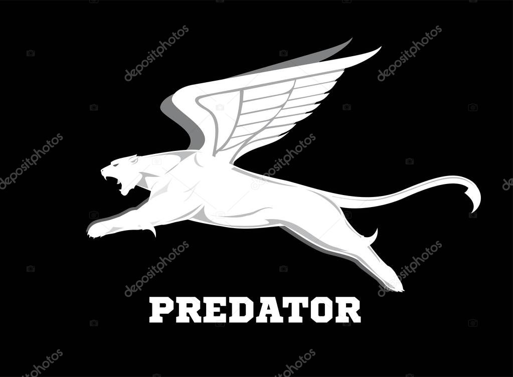 Winged predator. white puma with the wing. flying cougar.  leaping big cat with the wing. white illustration on black background.