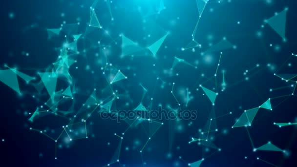 Blauer Hintergrund, leuchtende Dreiecke und Teilchen, Vollbild — Stockvideo