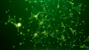 Yeşil arka plan, parlayan üçgen ve parçacıklar, tam ekran