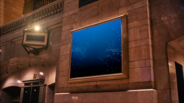 青い背景に抽象的なプレキシスの動きを持つ建物の壁の広告 — ストック動画