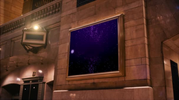 Реклама Стене Здания Экран Абстрактным Движением Сплетения Фиолетовом Фоне — стоковое видео