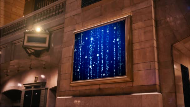 Реклама Стіні Будівлі Екран Абстрактним Рухом Частинок Синьому Фоні — стокове відео