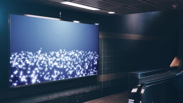 Plakatwand Mit Werbung Der Wand Schwimmende Partikel Auf Blauem Bildschirmhintergrund — Stockvideo
