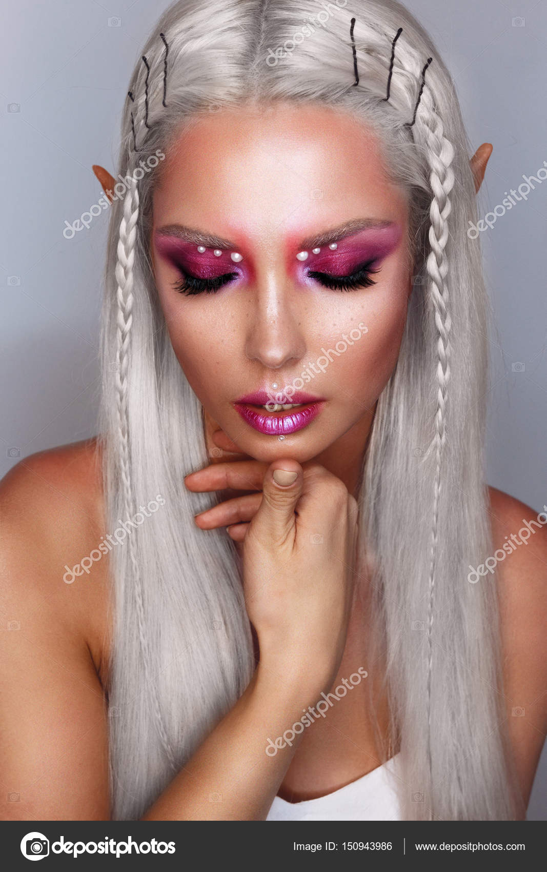 Portrait Young Beautiful Tanned Platinum Blonde Woman Bright Make