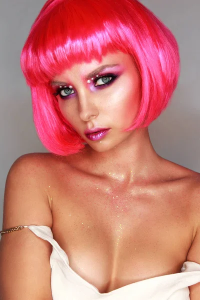 Girl Bright Pink Wig Bright Makeup Stock Photo