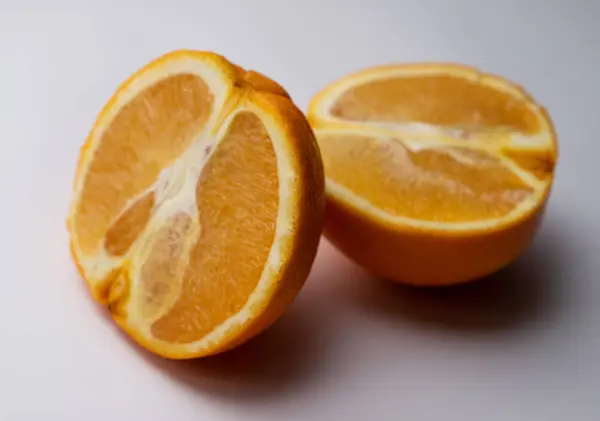 Two Halves Oranges Shadow White Background — Stock Photo, Image