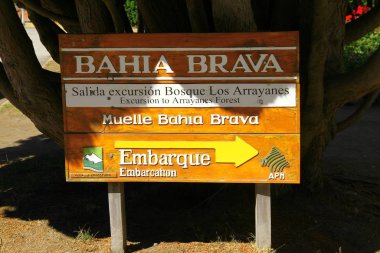 Quetrihue Yarımadası, Villa La Angostura, Arjantin - 23 Şubat 2019. Katamarlıların Los Arrayanes Ulusal Parkı 'na gitmek için ayrıldığı Bahia Brava Limanı yönetim kurulu..