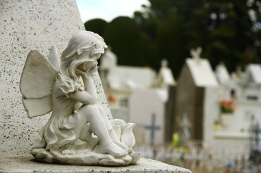 Punta Arenas Mezarlığı, Punta Arenas, Şili - 2 Şubat 2019. Punta Arenas 'taki halk mezarlığından bir manzara. Mezarlıkta bir sürü mezar taşı, mermer heykel ve anıt mezar taşı var..
