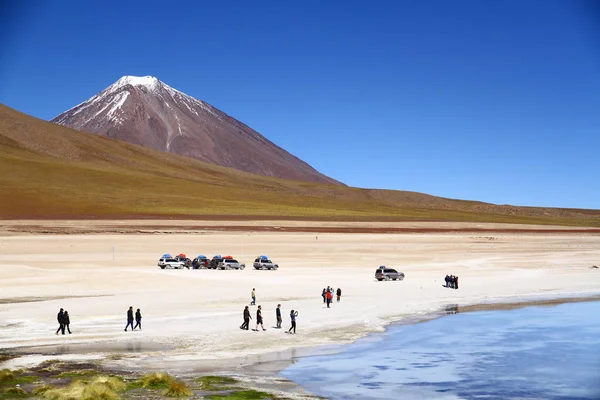 Les Gens Marchent Bord Lac Volcan Licancabur Est Arrière Plan — Photo