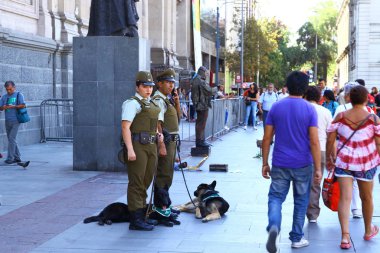 Bir polis ve bir kadın polis Santiago Metropolitan Katedrali 'nin önünde köpekleri Şili' yle bekliyorlar.