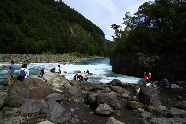 A view from the valley with basaltic lava rocks in Vicente Perez Rosales National Park, Chile.