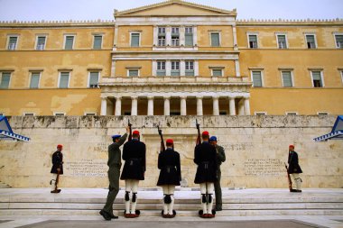 ATHENS, GREECE - 24 April 2015. Change of guard ceremony takes place in the Unknown Soldiers Tomb in front of the Parliament Building