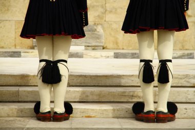 ATHENS, GREECE - 24 April 2015. Change of guard ceremony takes place in the Unknown Soldiers Tomb in front of the Parliament Building