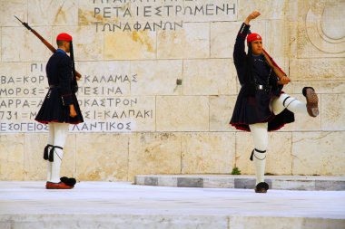 ATHENS, GREECE - 24 April 2015. Change of guard ceremony takes place in the Unknown Soldiers Tomb in front of the Parliament Building