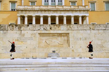 ATHENS, GREECE - 24 April 2015. Change of guard ceremony takes place in the Unknown Soldiers Tomb in front of the Parliament Building