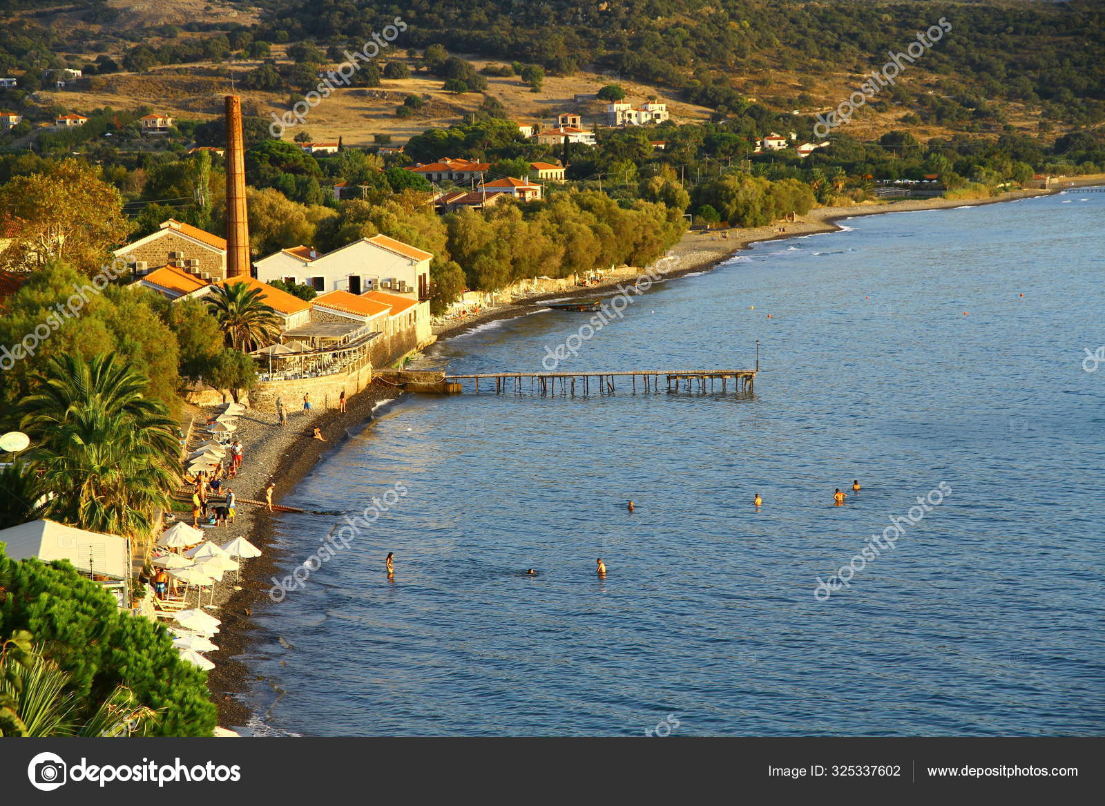Lesvos Grèce Août 2018 Vue Panoramique Ville Molyvos Depuis Colline ...