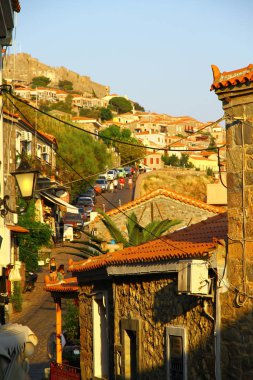 Lesvos, Yunanistan - 24 Ağustos 2018. Güzel küçük kasaba 