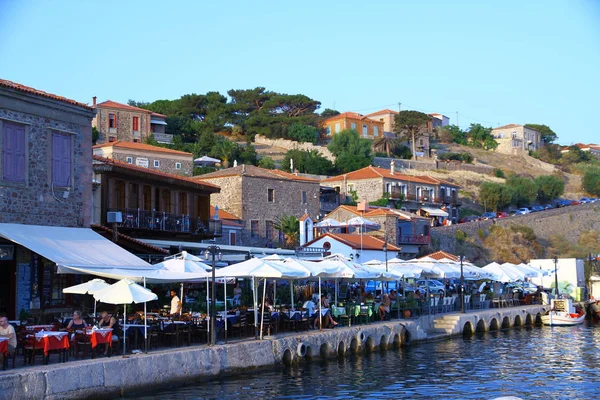 Lesvos Řecko Srpna2018 Výhled Přístavu Molyvos Který Plný Restaurací Kde — Stock fotografie