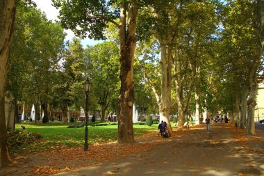 ZAGREB, CROATIA - 19 Eylül 2016. Sonbahar döneminde Zagreb 'in yeşil parklarından birinden manzara.