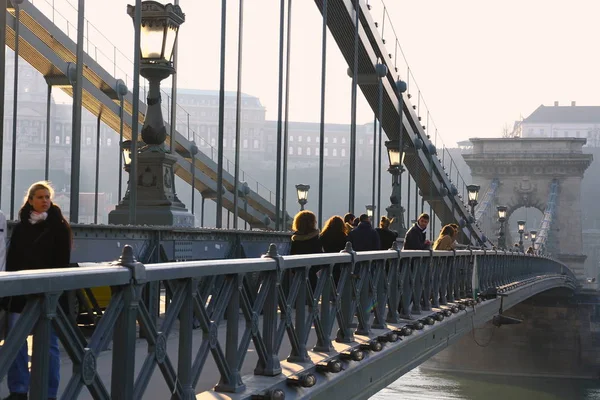 Pont Chaîne Qui Relie Buda Pest Les Côtés Ouest Est — Photo