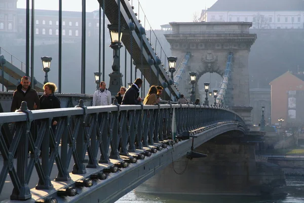 Pont Chaîne Qui Relie Buda Pest Les Côtés Ouest Est — Photo