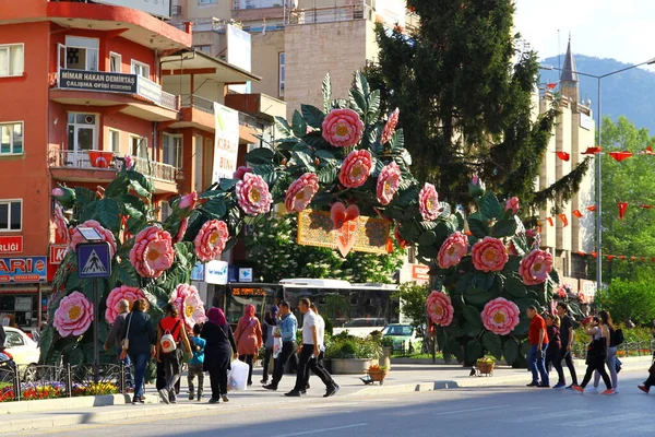 Isparta トルコ April 2018 市内中心部からの眺め バラはイスパルタ市のシンボルであるため どこでもバラで飾られています — ストック写真