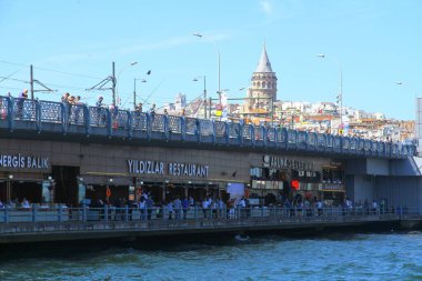 View of streets, facades of old buildings and bridge in the city, Turkey