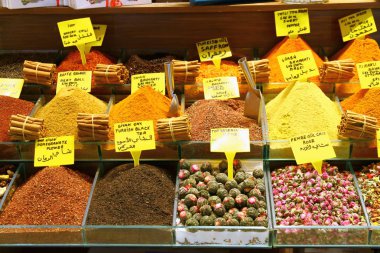 View on stalls with spices, dried fruits, nuts and sweets in the Turkish marketplace