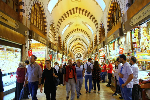 EMINONU, ISTANBUL, TURKEY - 2 June 2018. A view from The Spice Bazaar which is one of the largest bazaars in Istanbul. It is the most famous covered shopping complex after the Grand Bazaar in the city