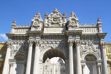 ISTANBUL, TURKEY - 2 April 2018. A view from the main entrance of Dolmabahce Palace in Istanbul.