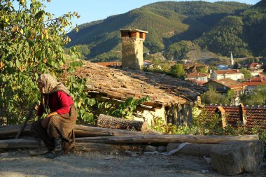 Küçük evleri ve dağları olan, şehrin bir köyünün önündeki bir dalda oturan yaşlı bir kadın.