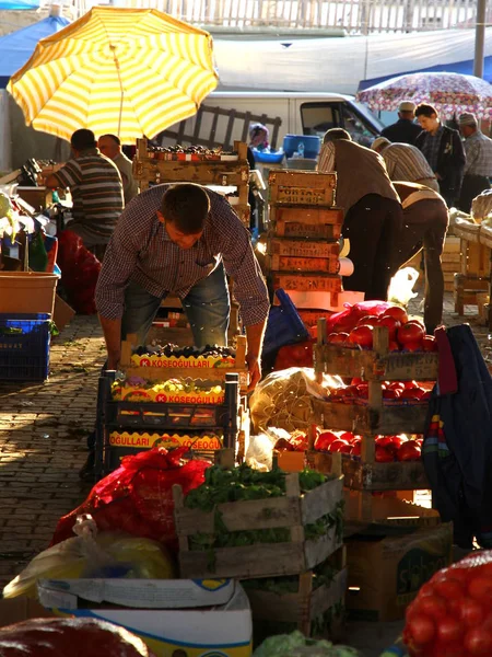 View Bazaar Row Vegetables Vendors Unload Goods — Stok fotoğraf