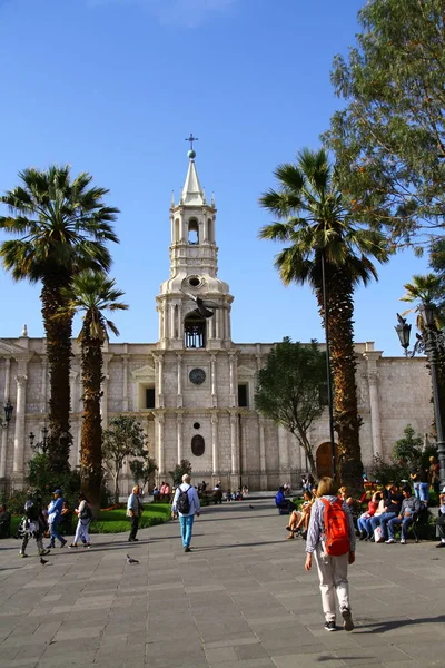 市内のメイン広場であるアルマス広場からの眺め サンティアゴ大聖堂とペドロ バルディヴィア像がある — ストック写真