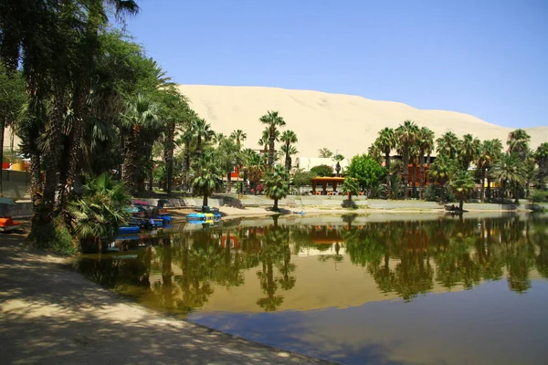 Huacachina Gölünün manzarası Peru 'daki palmiye ağaçları ve kum tepeleriyle çevrili.