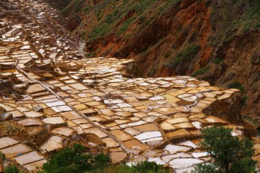 Peru 'nun kutsal vadisinde yer alan Maras Tuz Madenleri' nin teras ve tuz havuzlarının manzarası. 