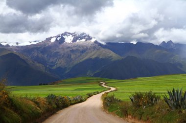 Çarpık bir yolu, yeşil çayırları ve karlı dağları olan muhteşem bir manzara, Kutsal Vadi, Peru.