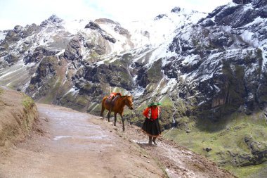 Vinicunca Gökkuşağı Dağları, Peru. Geleneksel giyinmiş Perulu bir kadın.