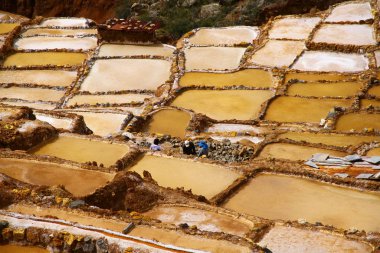 Maras Tuz Madenleri, Kutsal Vadi, Peru - 1 Nisan 2019. Peru 'nun kutsal vadisinde yer alan Maras Tuz Madenleri' nin teras ve tuz havuzlarının manzarası. 