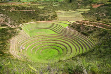 Peru 'daki Pisac Arkeoloji Kompleksi' ndeki Kutsal Vadi 'nin yamaçlarında dairesel şekilli İnka terasları var..